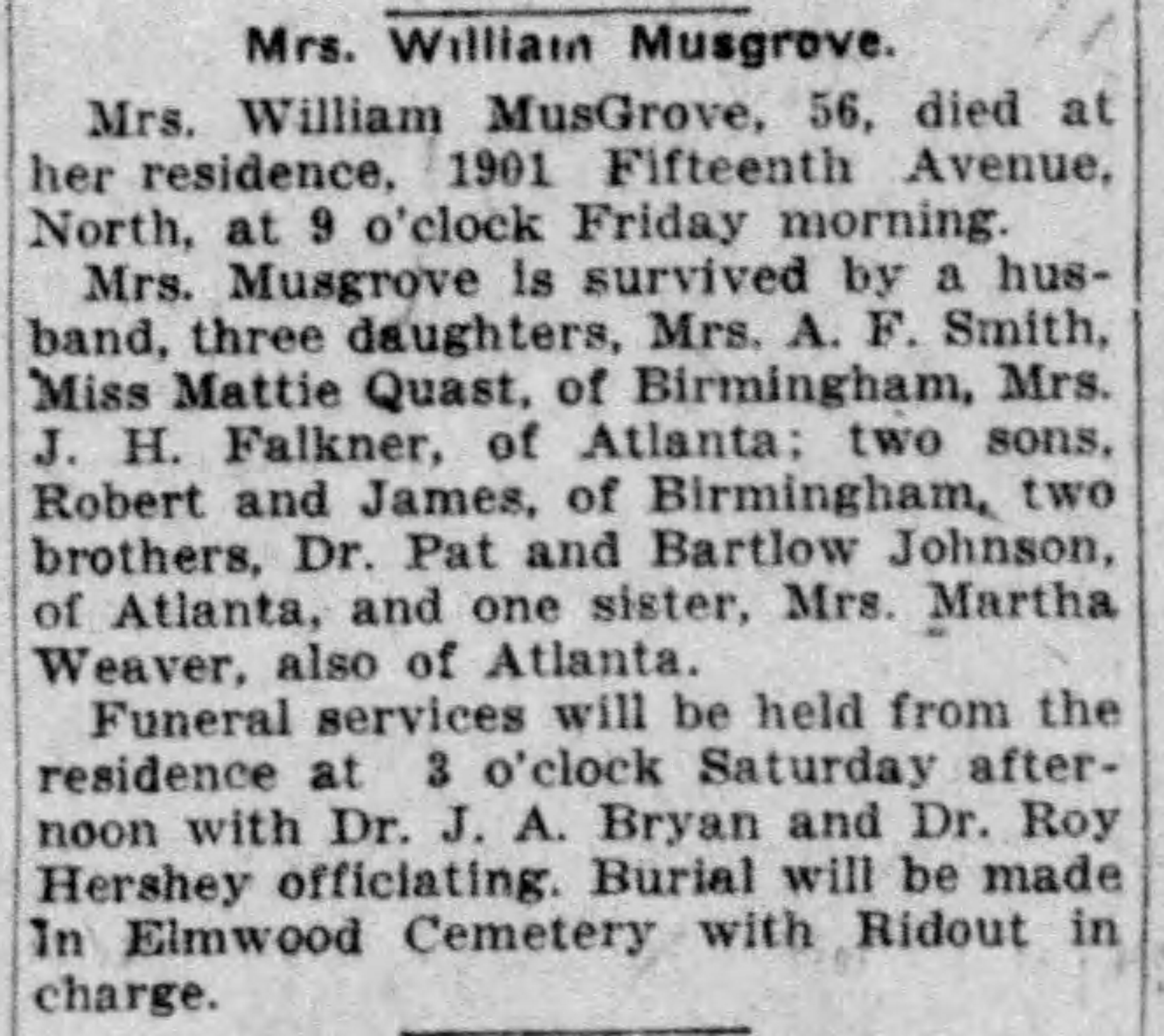Mrs. William Musgrove obituary